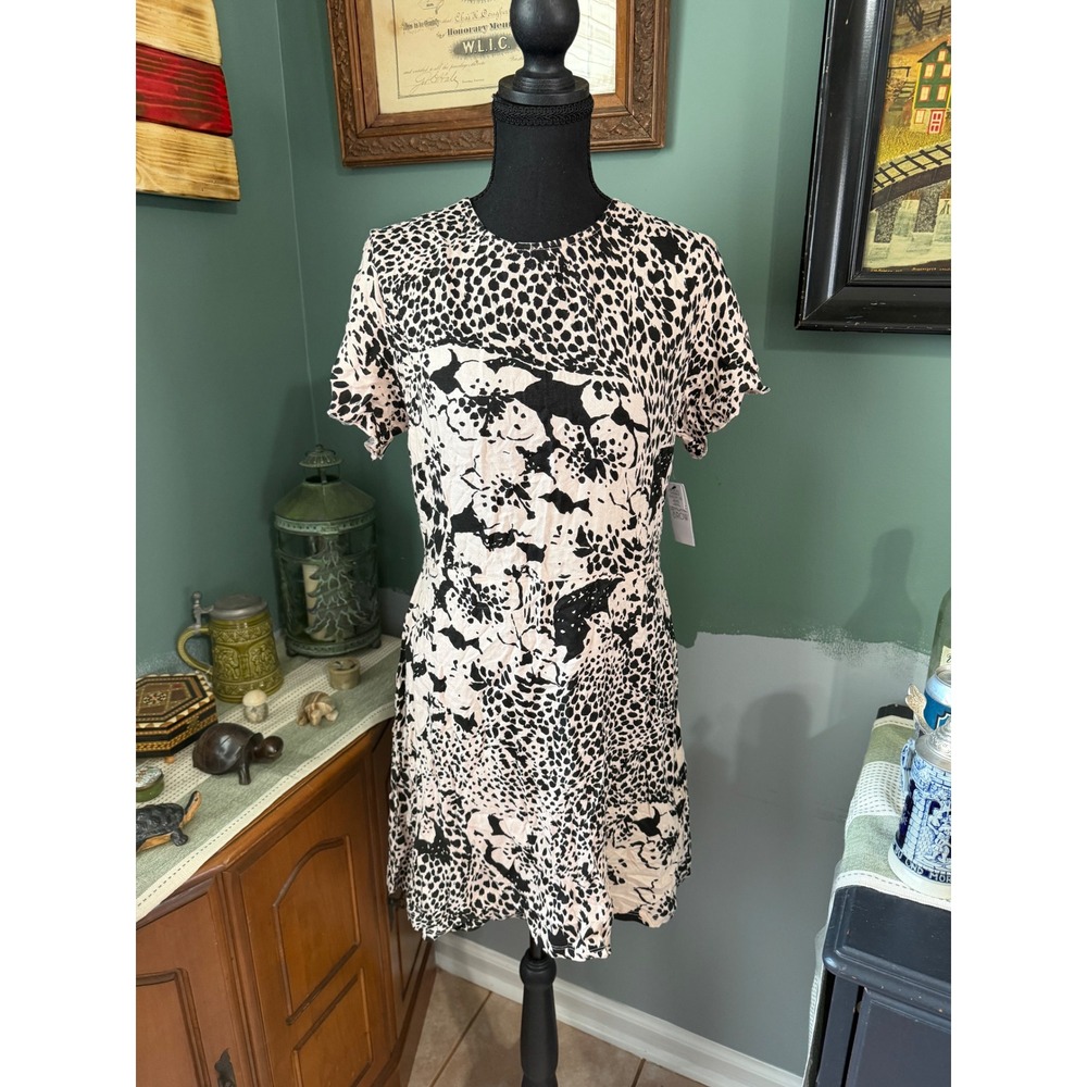 Stone & Row Tropickle Dress L Cream Black Leopard Floral Lace Up Open Back NWT